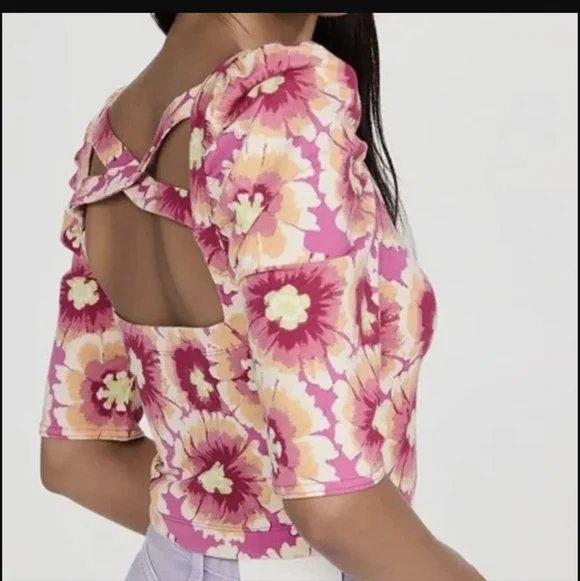 NWT Free People Floral Square-Neck Puff Sleeve Top in Pink - Picture 4 of 5